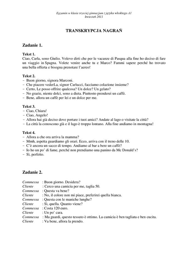 Jezyk Wloski Transkrypcja Egzamin Gimnazjalny 11
